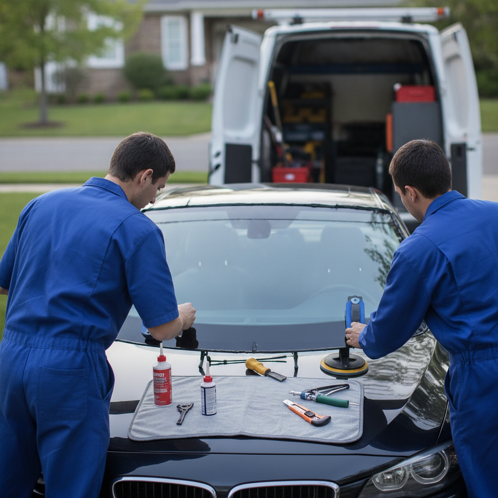 Create a realistic, professional service-business photograph showing Windshield Replacement from behind, with the backs of their heads visible. Do not show any faces, facial features, front-facing views or side views, profiles, or identifia